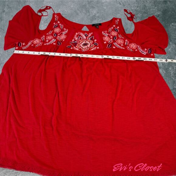 Kelly Renee Bohemian Red Embroidered Tie Cold Shoulder Peasant Tunic Blouse 3X - Picture 10 of 15